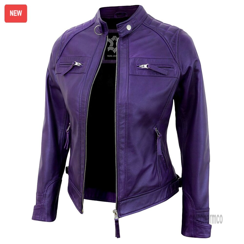 Quilted Lambskin Leather Jacket Cafe Racer Biker Style Women's Outerwear